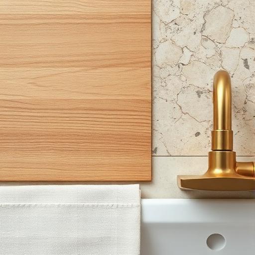 Kitchen material palette: oak, stone, brass, linen