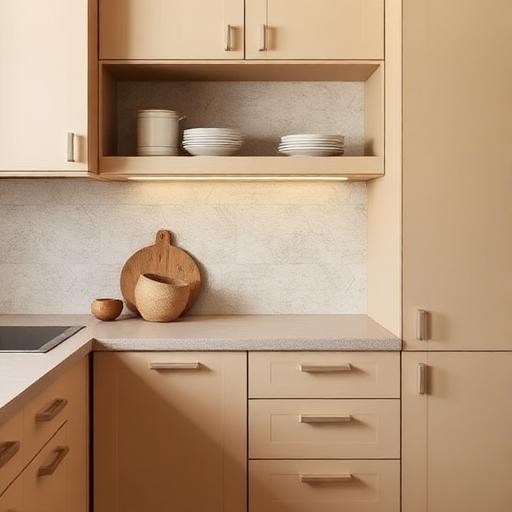 Handleless cabinets with stone backsplash detail