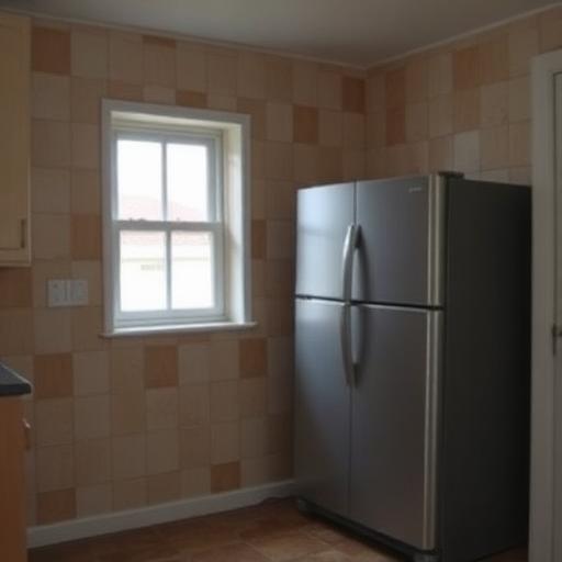 Kitchen corner with fridge and old tile backsplash